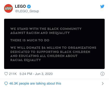 LEGO在社媒上公开支持BLM运动