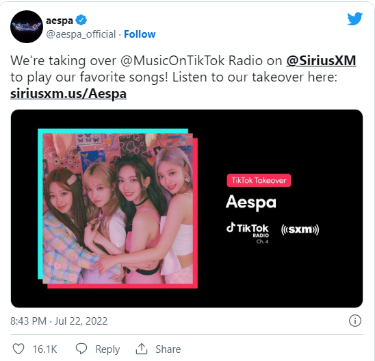 Aespa在Twitter上宣布他们接管 SiriusXM 电台的账号