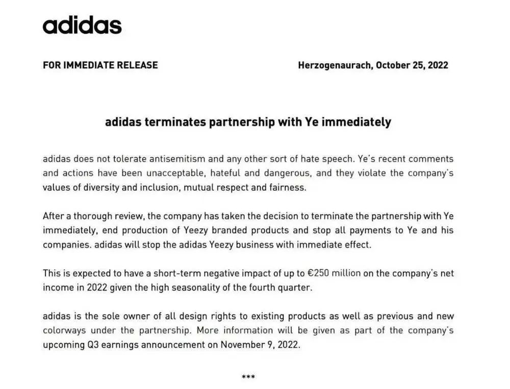 Adidas于10月25日宣布即刻终止与Kanye的合作