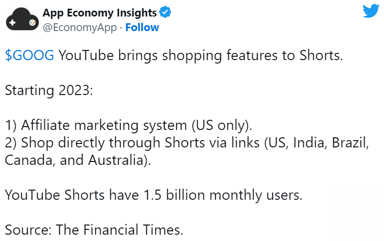 YouTube Shorts将增加购物功能