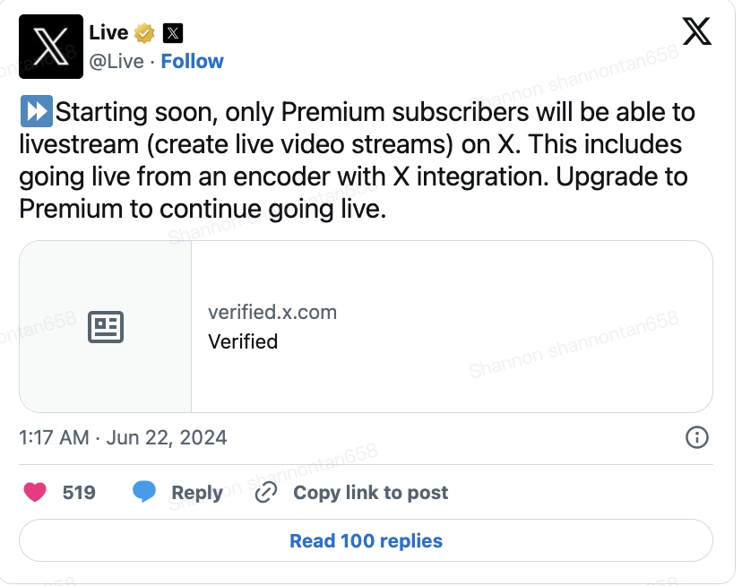 X（前Twitter）宣布，将把直播功能改成付费会员才能享用